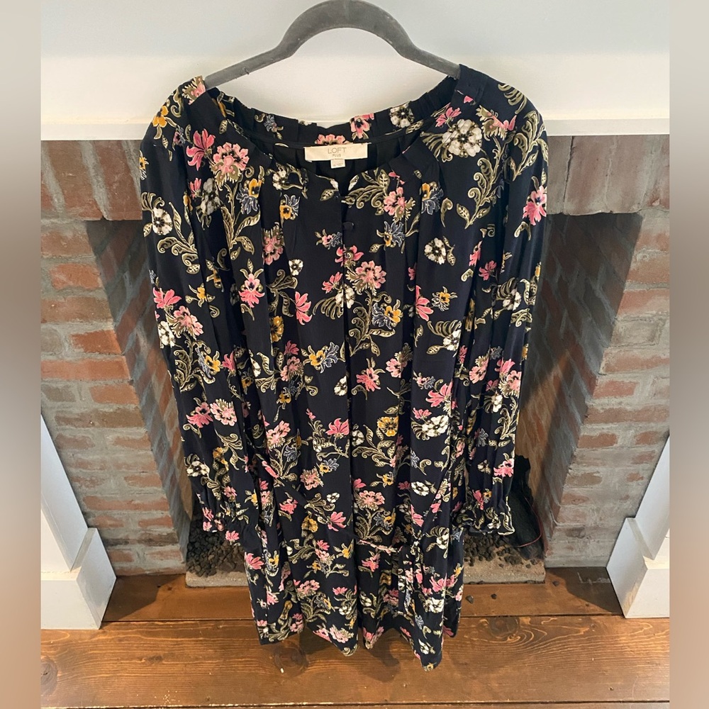 LOFT Plus sz 16 Dark Floral Academia Midi Length Dress Ribbon Belt Caree…